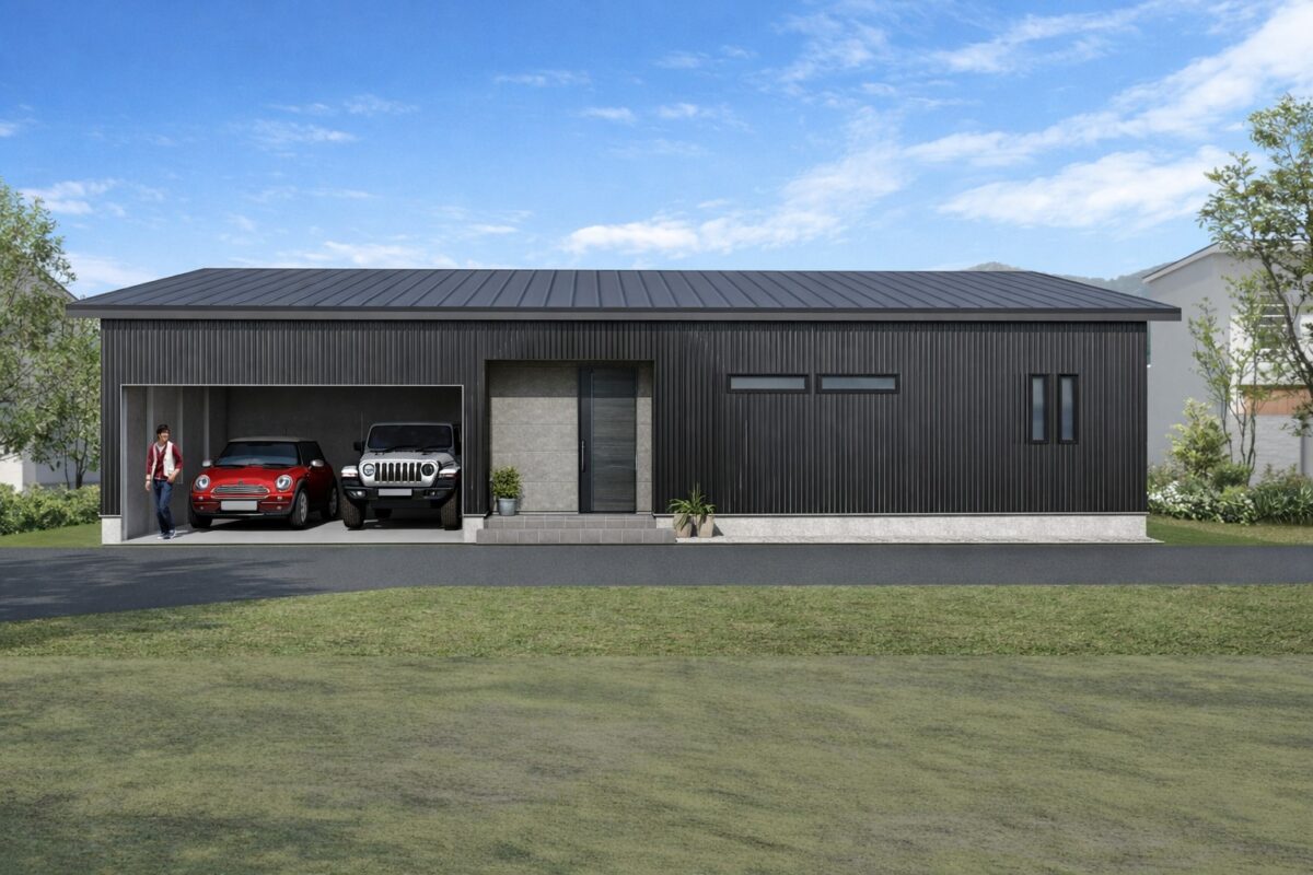 ２台分のインナーガレージ付き平屋