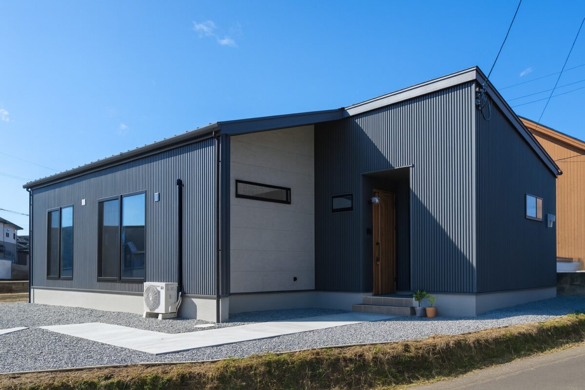 ブルーのガルバリウム外壁が印象的な平屋