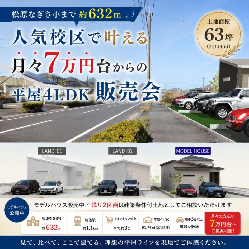 【松原なぎさ小校区】 月々7万円台からの平屋4LDK 先行販売会